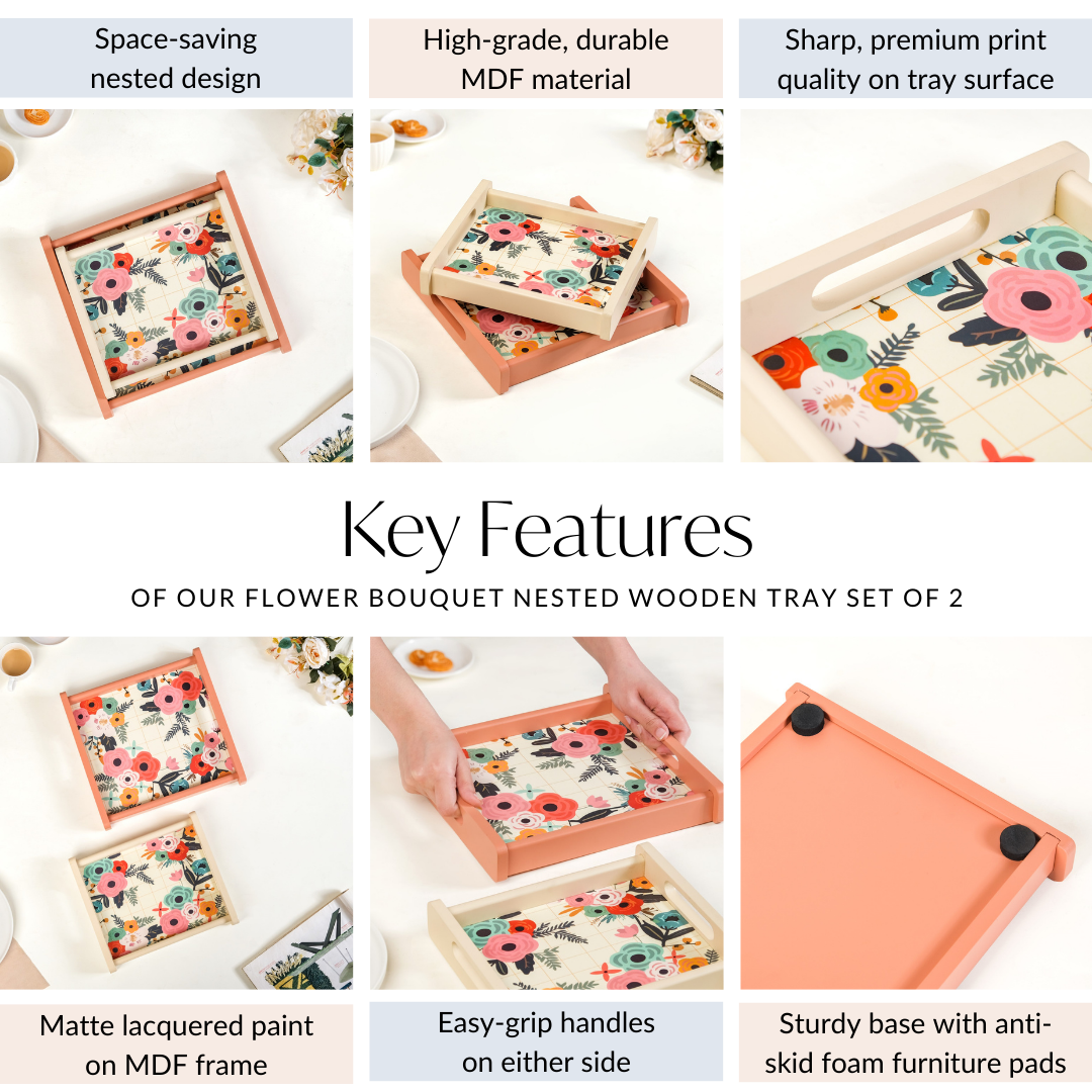 Flower Bouquet Nested Wooden Tray Set Of 2