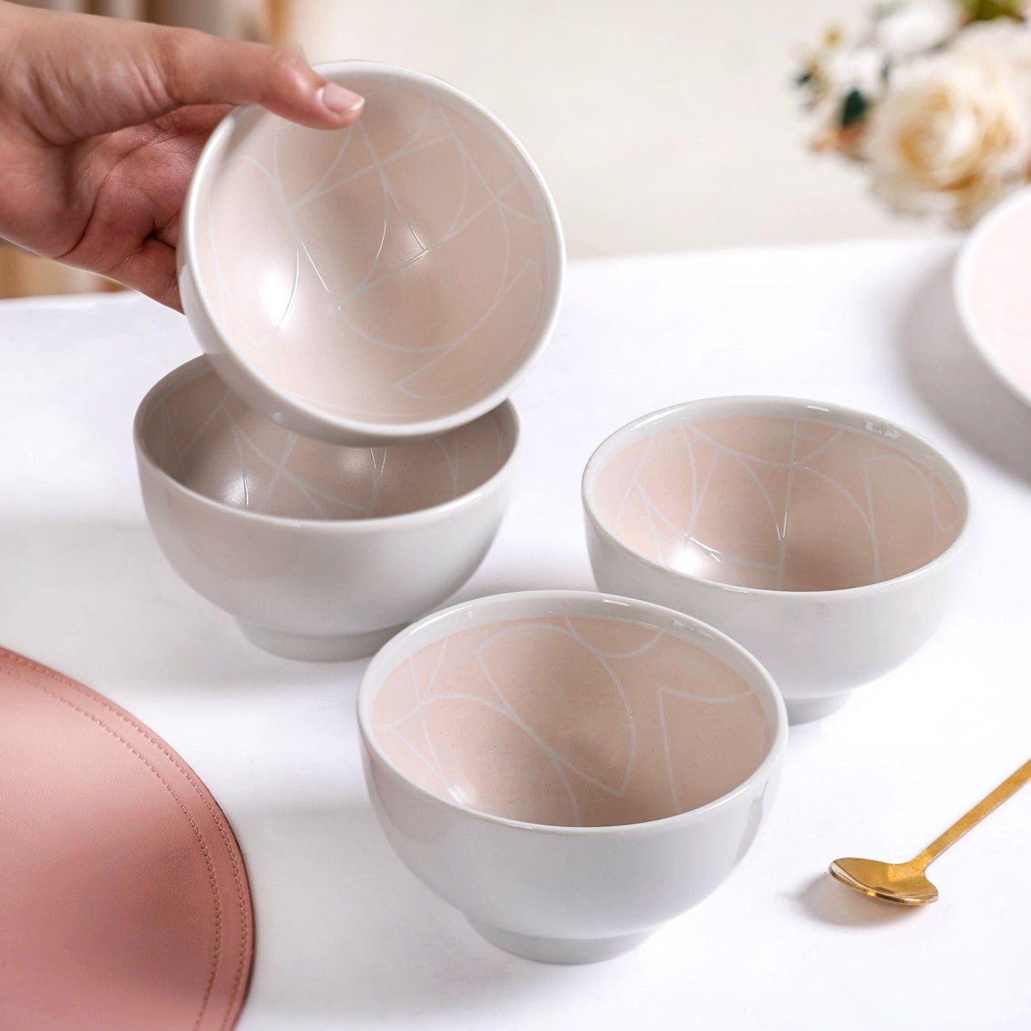 Monvia Pastel Pink Art Deco Style Snack Bowl Set Of 4 325ml