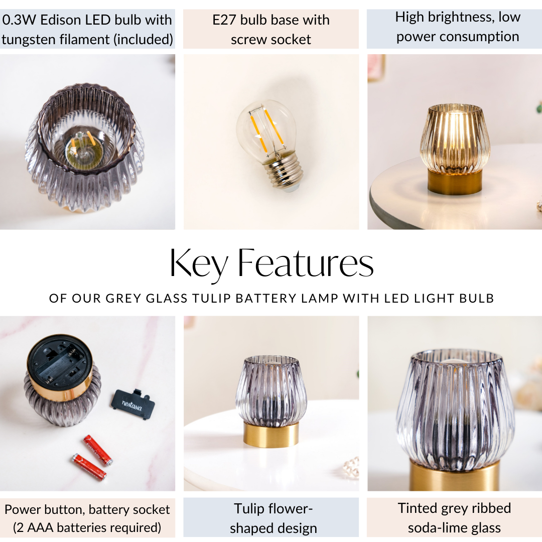 Grey Glass Tulip Battery Lamp With LED Light Bulb