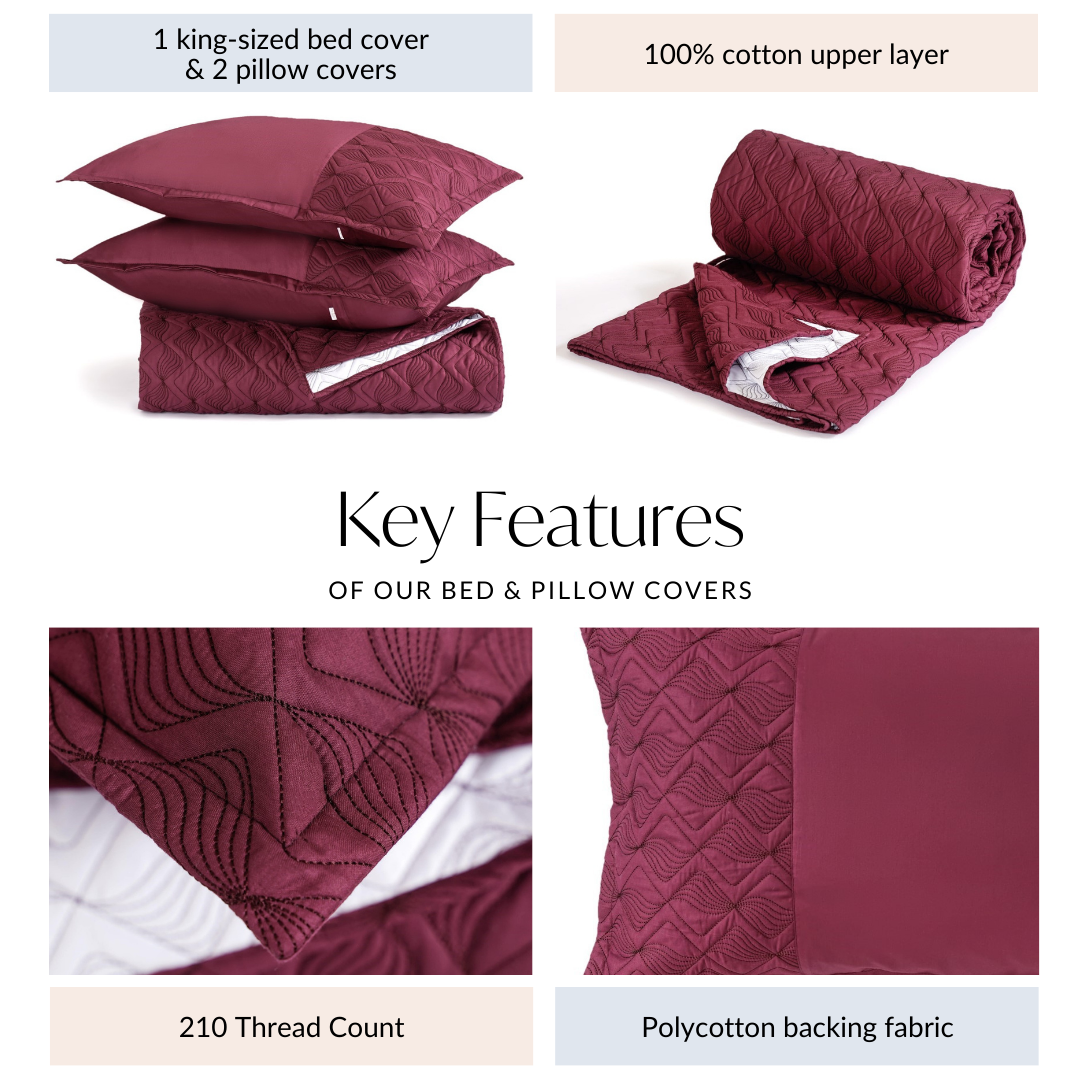 Marsala Embroidered 210TC Cotton Bed Cover With 2 Pillow Covers