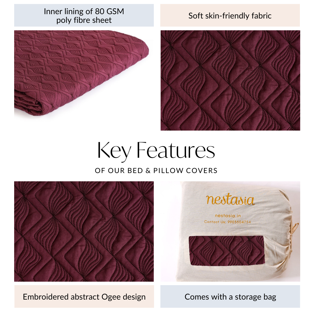 Marsala Embroidered 210TC Cotton Bed Cover With 2 Pillow Covers