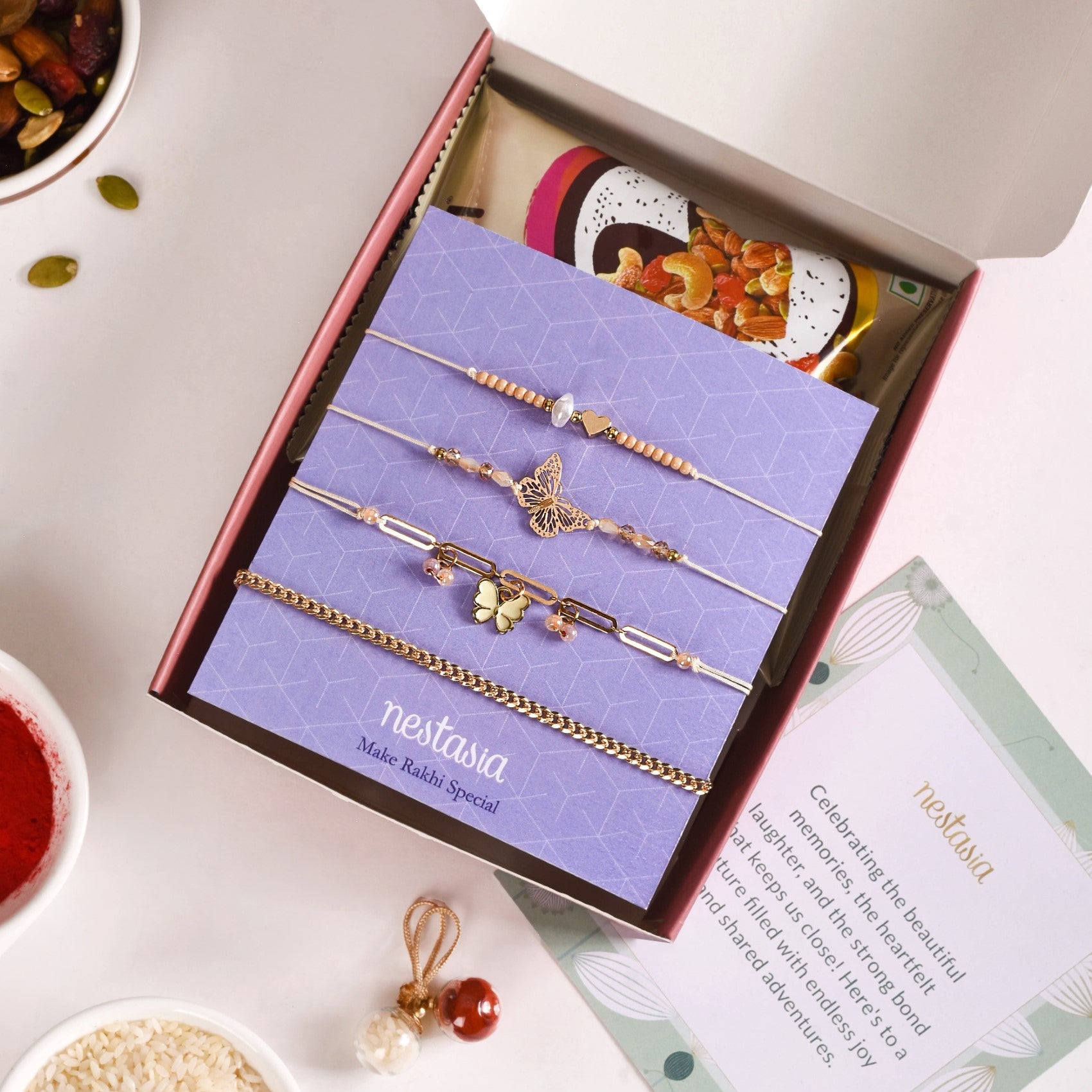 Butterfly Heart Rakhi Hamper Set Of 6 With Box And Card