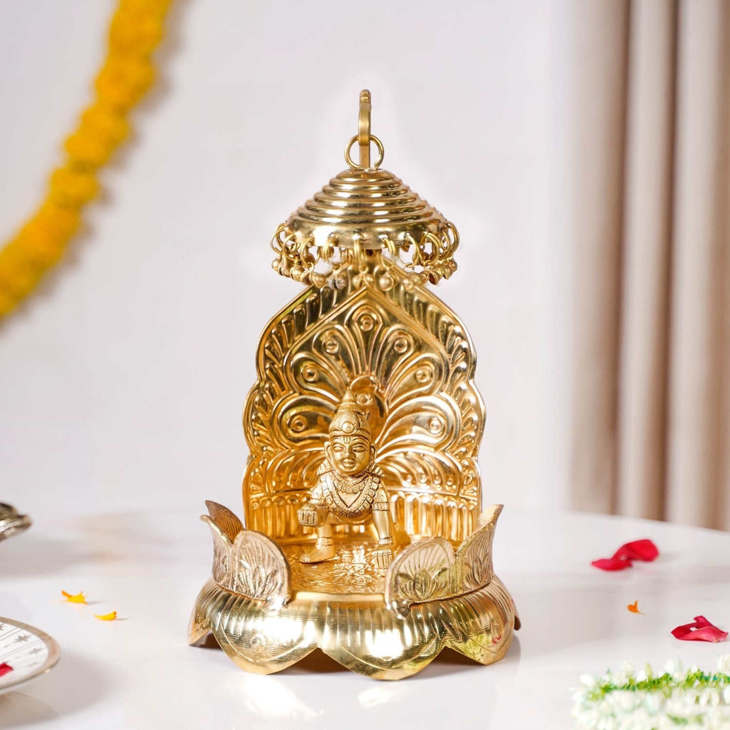 Brass Krishna Singhasan With Lotus And Peacock Embossing