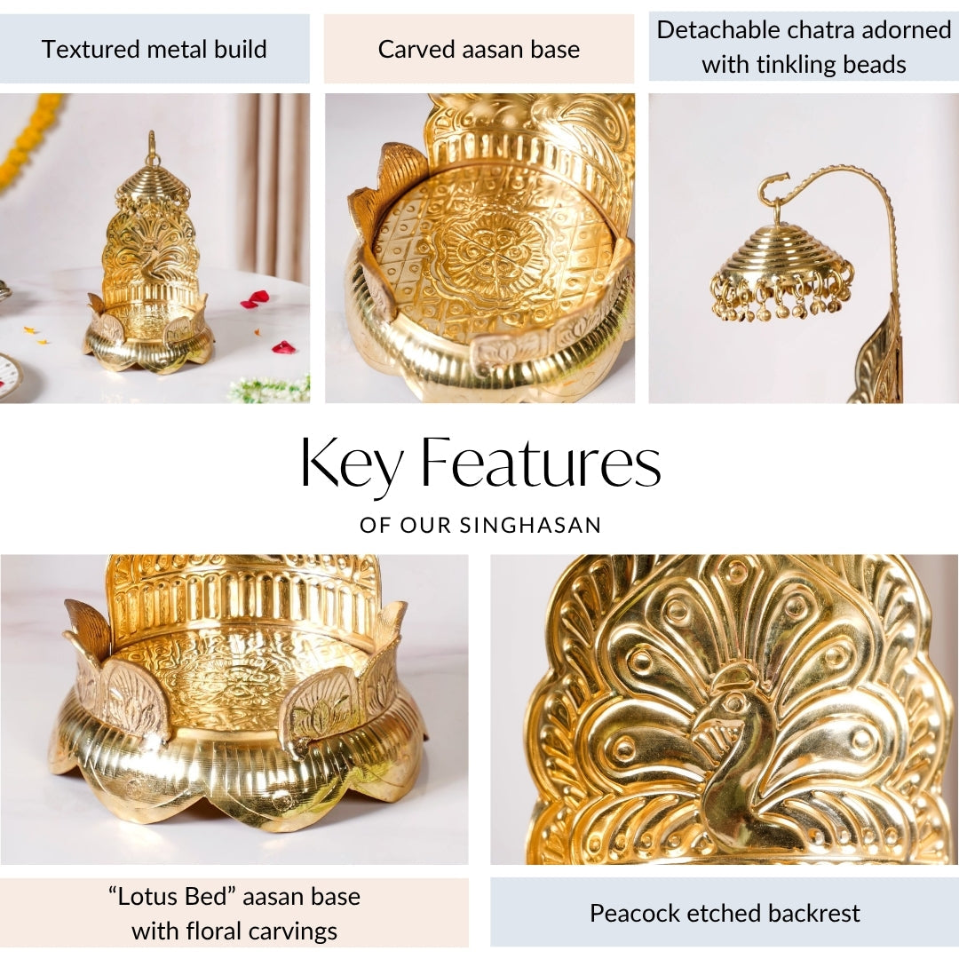 Brass Krishna Singhasan With Lotus And Peacock Embossing