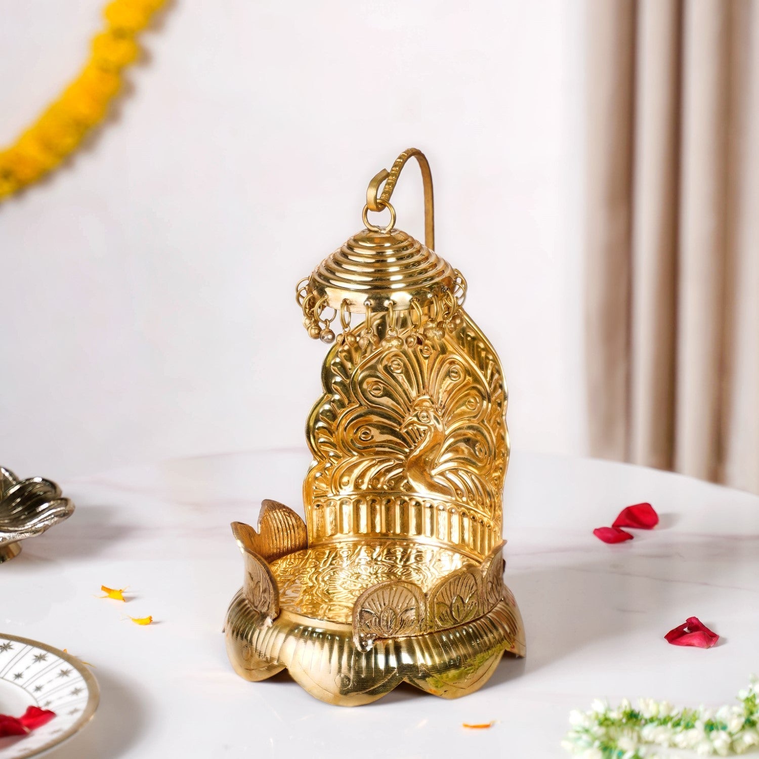 Brass Krishna Singhasan With Lotus And Peacock Embossing