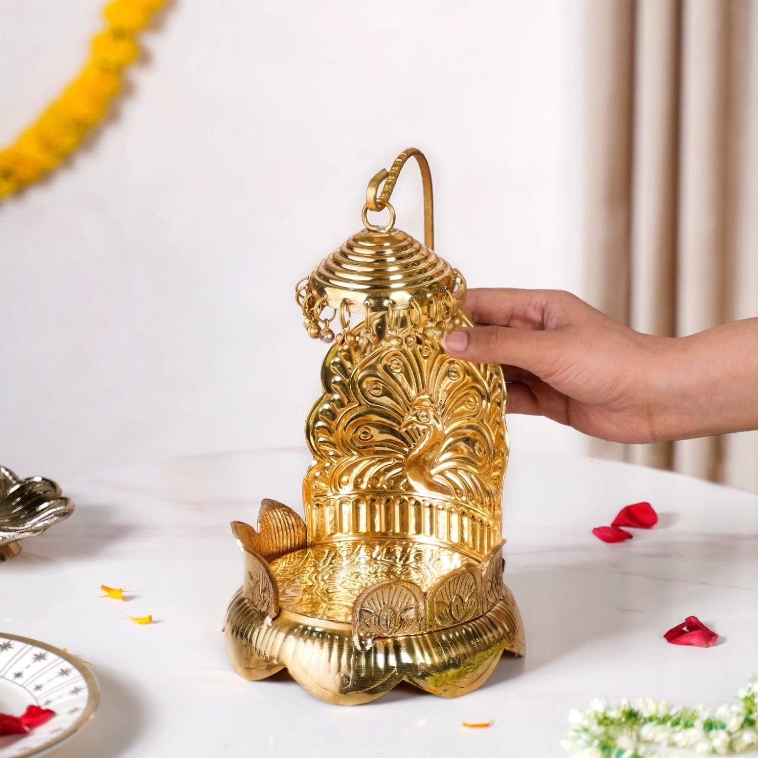 Brass Krishna Singhasan With Lotus And Peacock Embossing