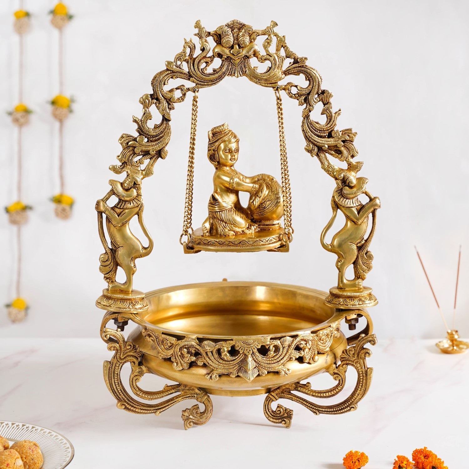 Brass Laddu Gopal Decorative Urli Bowl With Swing