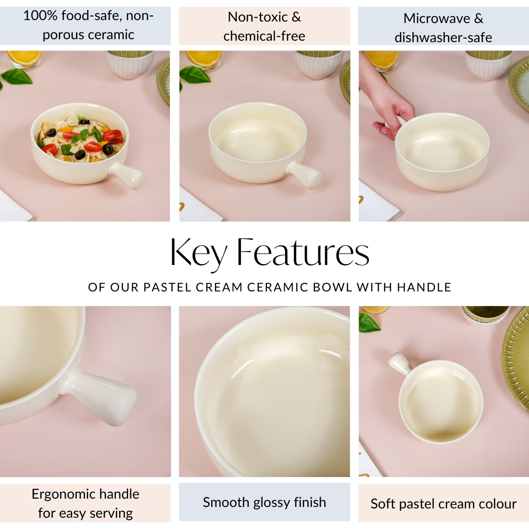 Pastel Cream Ceramic Bowl With Handle 700ml