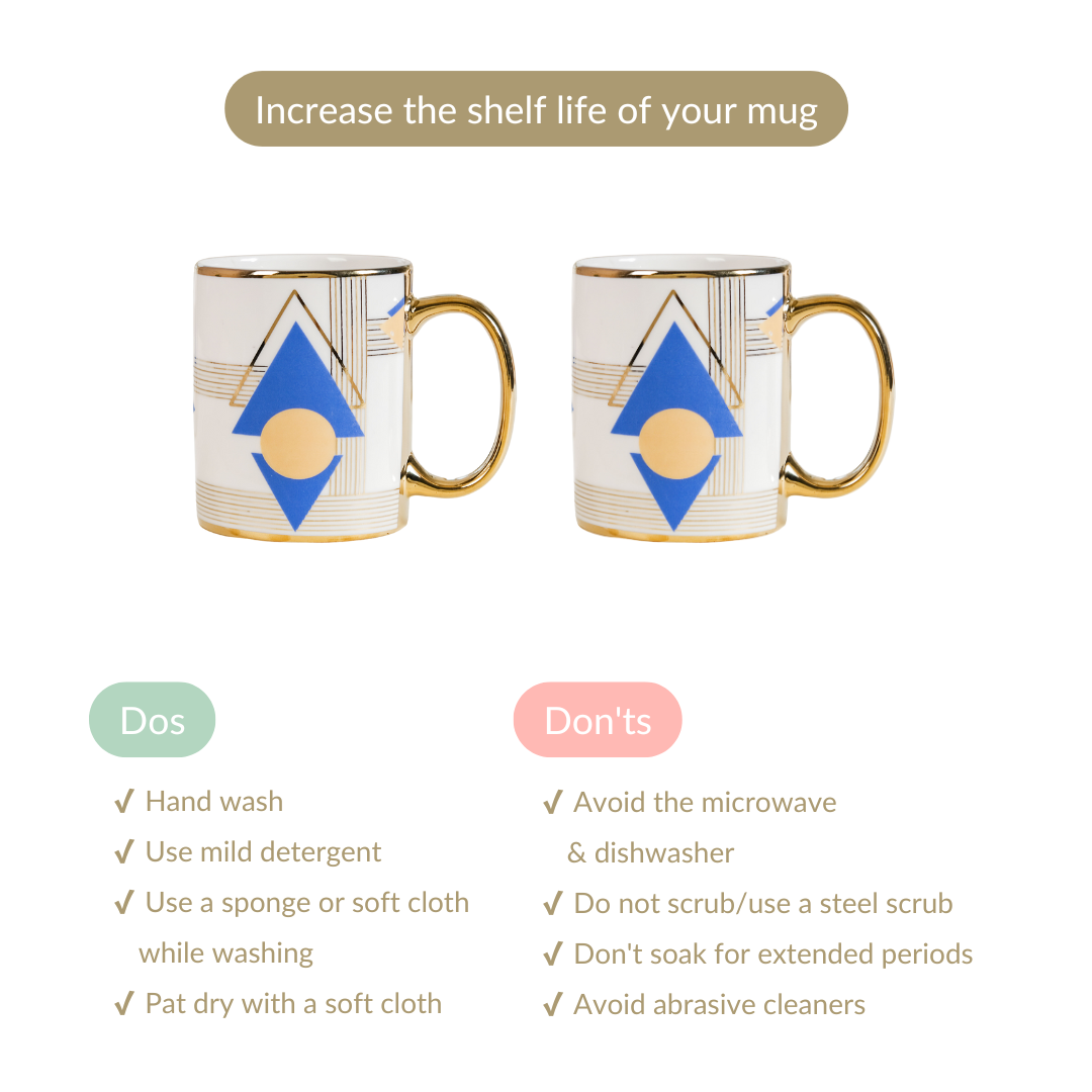 Set Of 2 Geometric Blue Gold Mugs With Gift Box 350ml