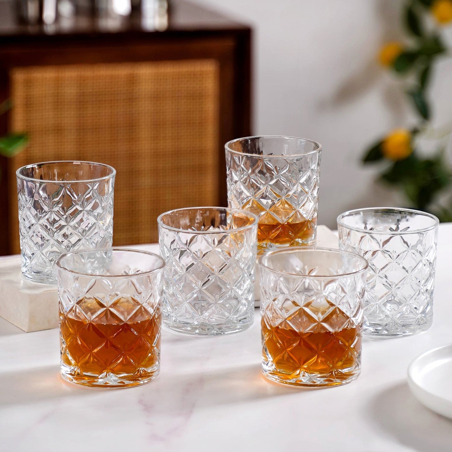 Luxury Whiskey Glass Crosshatch Pattern Set Of 6 310ml