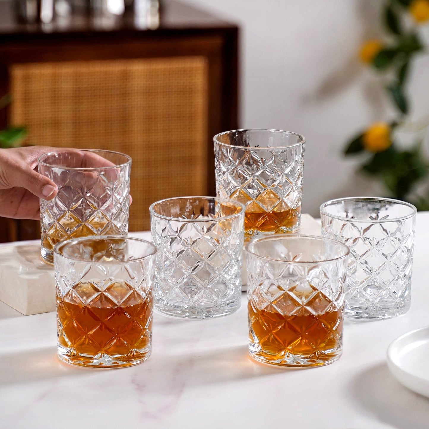 Luxury Whiskey Glass Crosshatch Pattern Set Of 6 310ml
