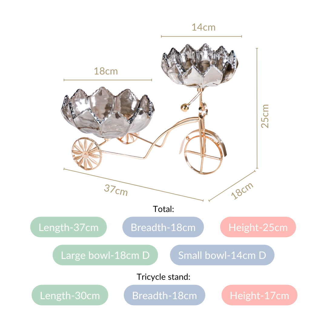 Metal Tricycle Stand With Decorative Glass Bowls