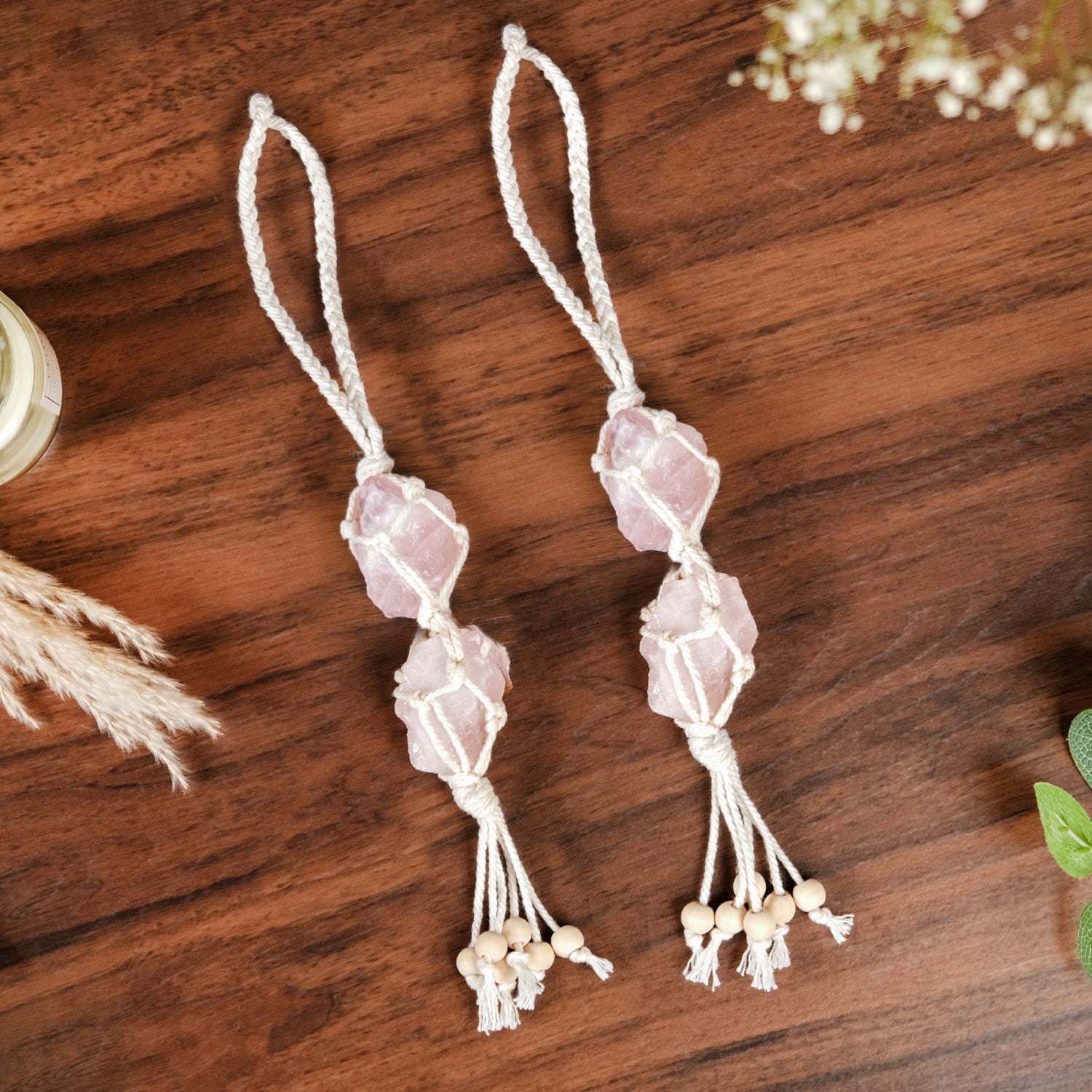 Pink Salt Crystal Macrame Hanging Set Of 2