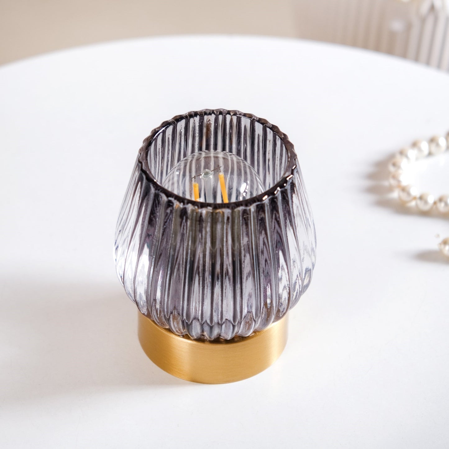 Grey Glass Tulip Battery Lamp With LED Light Bulb