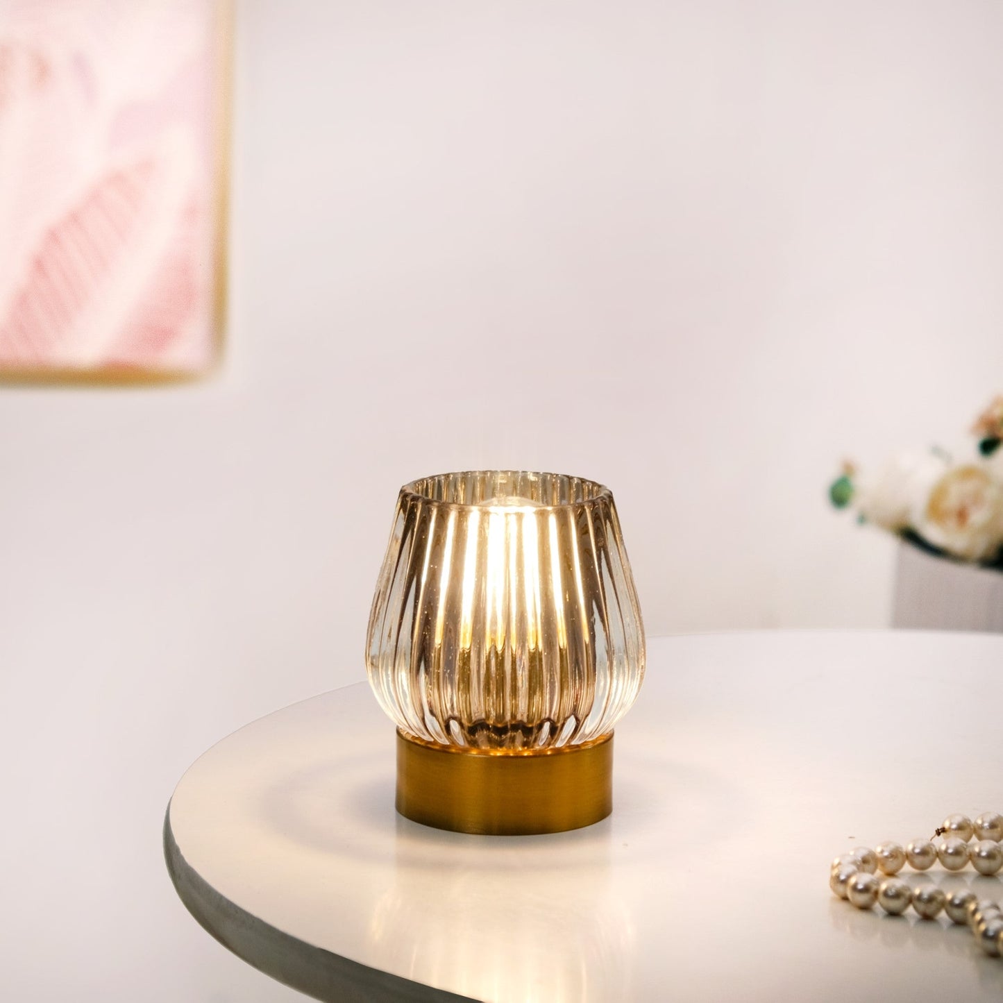 Grey Glass Tulip Battery Lamp With LED Light Bulb