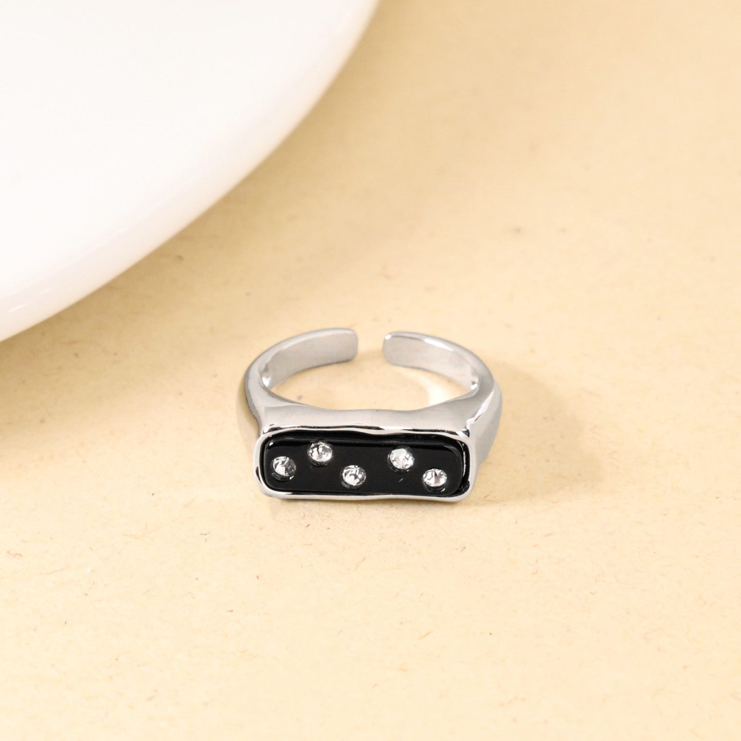 Black Domino Stone Studded Silver Ring
