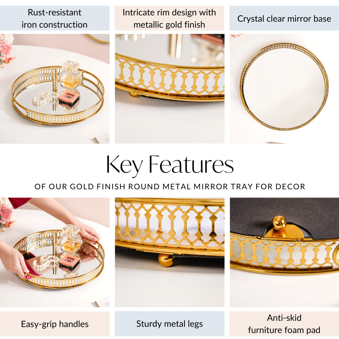 Gold Round Metal Mirror Tray For Decor