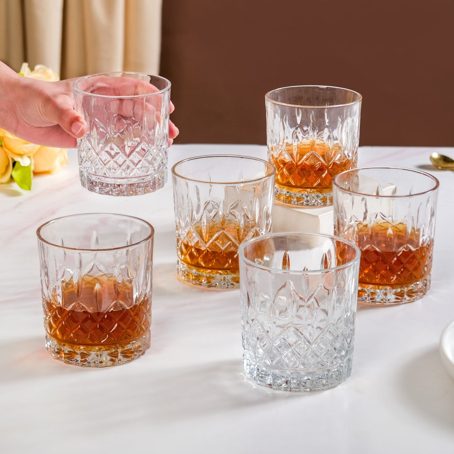 Embossed Heavy Base Old Fashioned Whiskey Glass Large Set Of 6 310ml