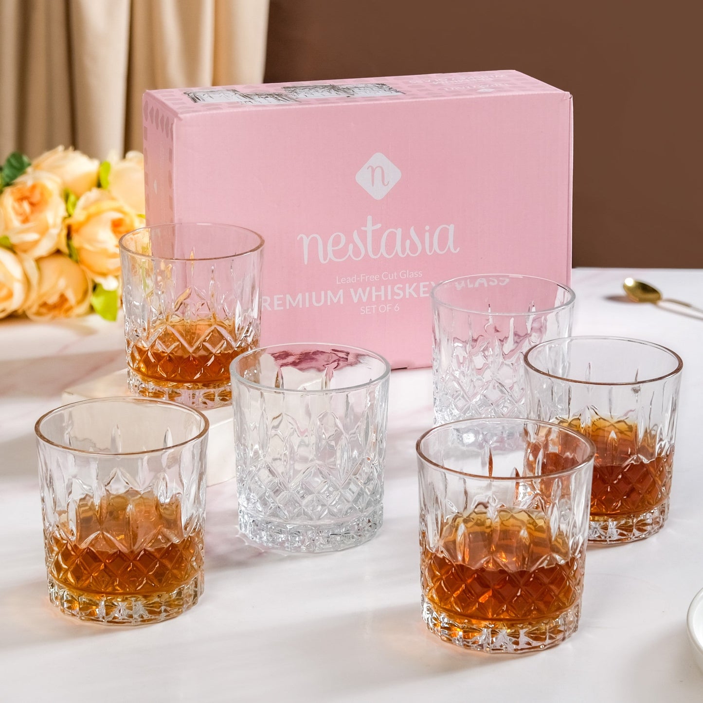 Embossed Heavy Base Old Fashioned Whiskey Glass Large Set Of 6 310ml