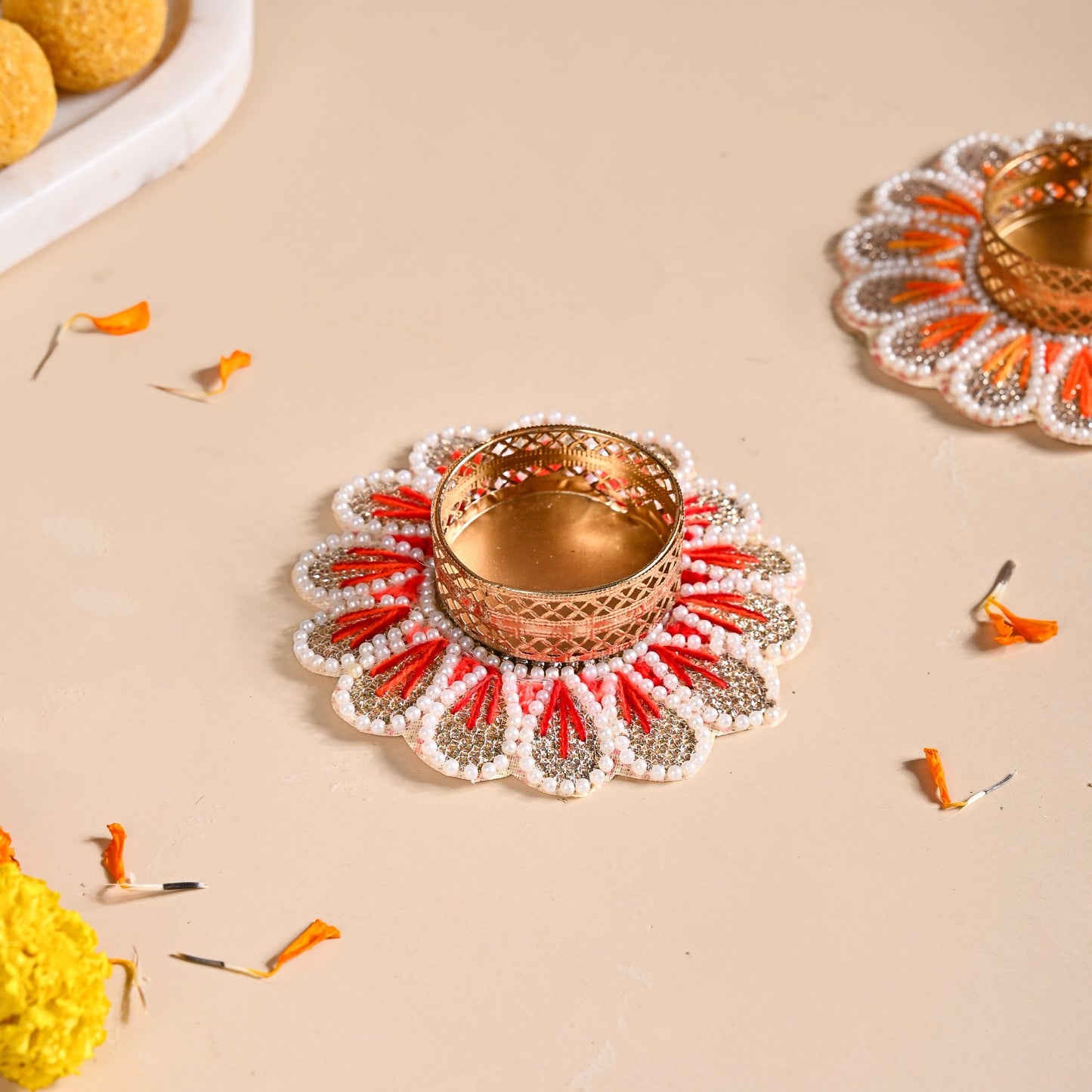 Applique Petal Tea Light Holders With Faux Pearls Set Of 6