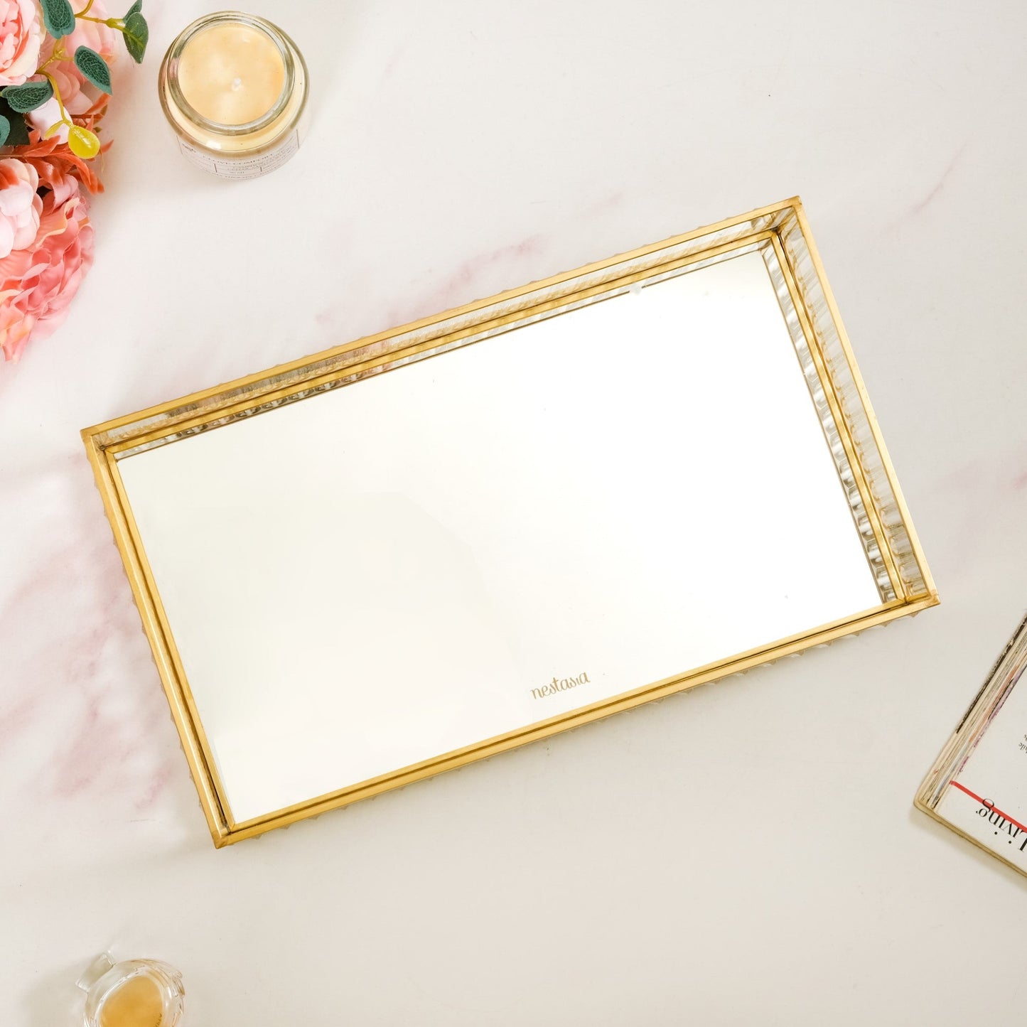 Fluted Mirror Glass Vanity Tray Large