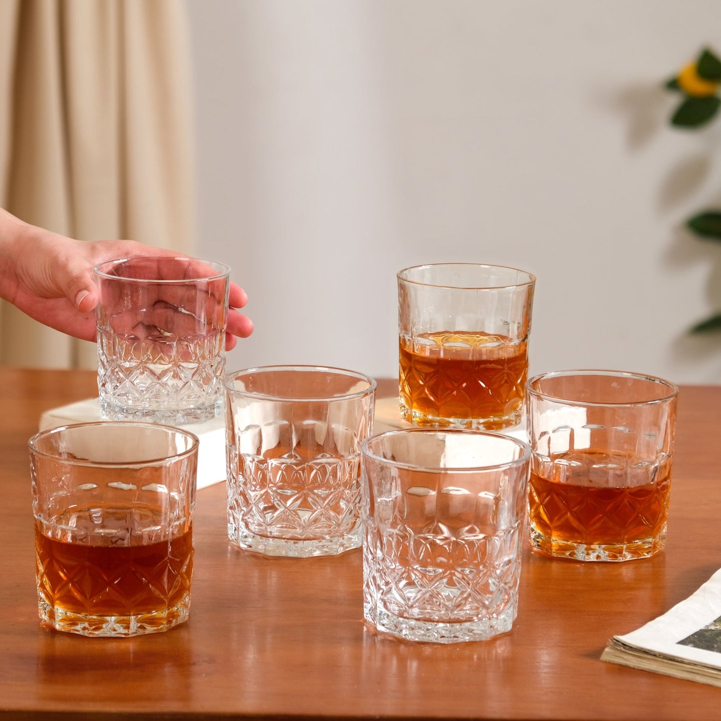 Geometric Embossed Scotch Glass Large Set Of 6 310ml
