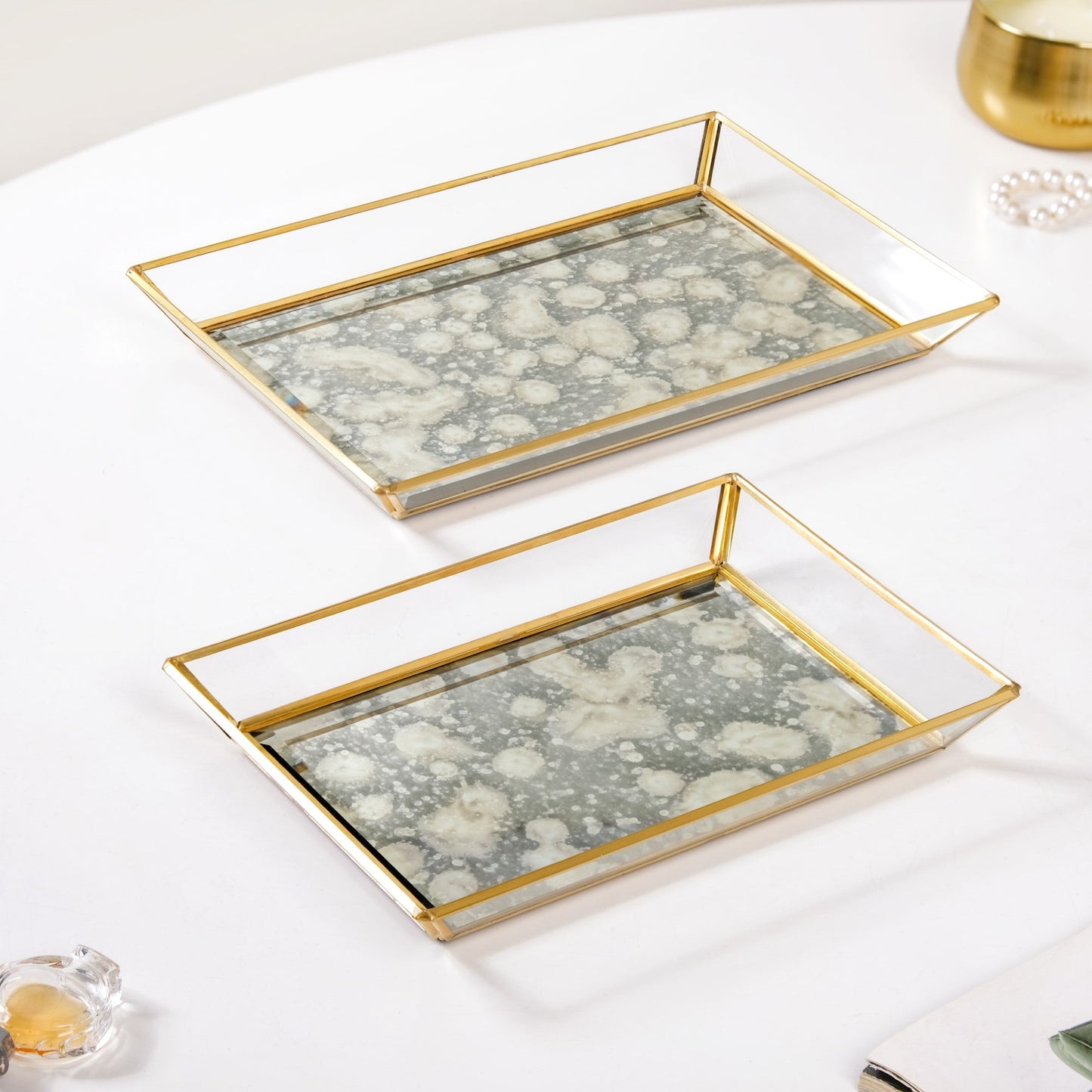Abstract Design Printed Glass Vanity Tray Set Of 2