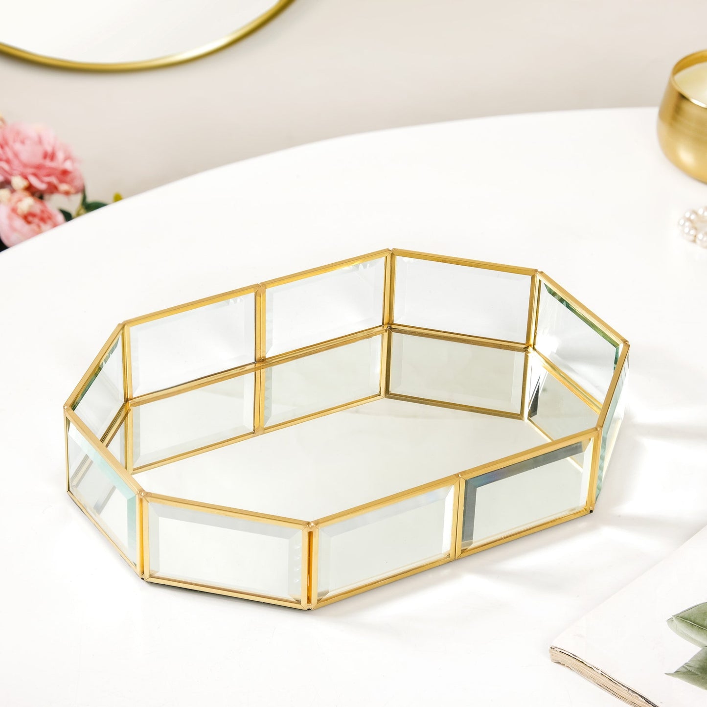 Luxe Geometric Mirror Vanity Tray Gold