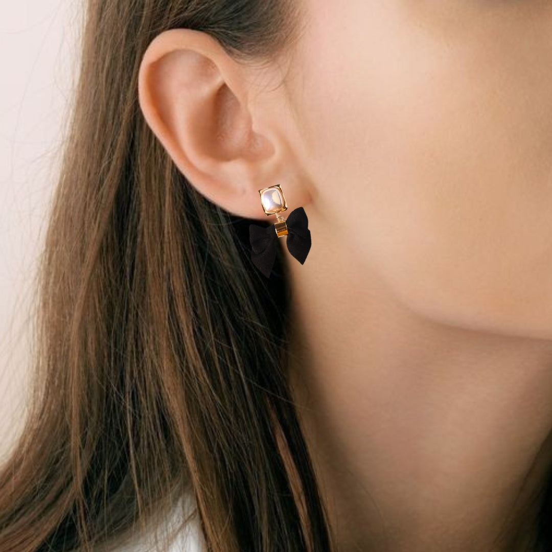 Gold And Black Bow Pearl Earrings