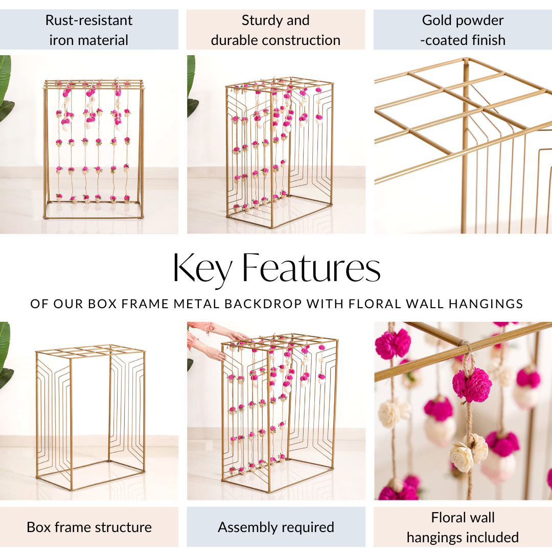 Box Frame Metal Backdrop With Floral Wall Hangings 38 Inch