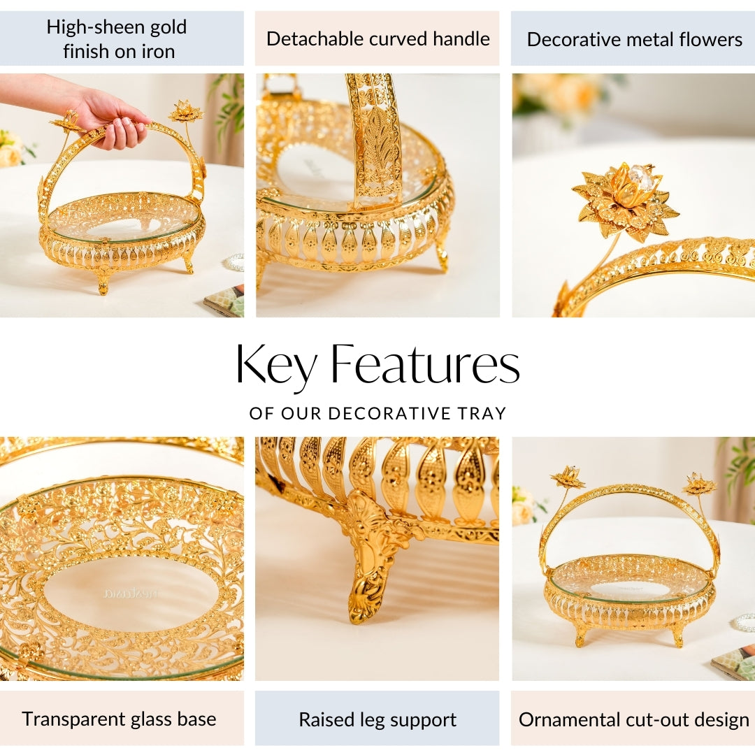 Gold Decorative Tray With Floral Metal Frame