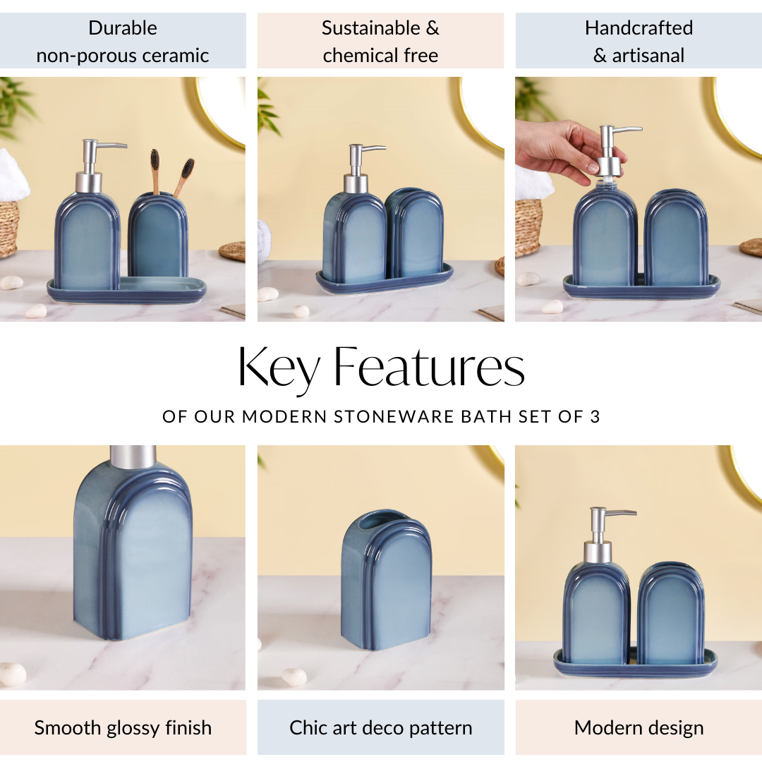 Art Deco Stoneware Bathroom Set of 3 Ocean Blue