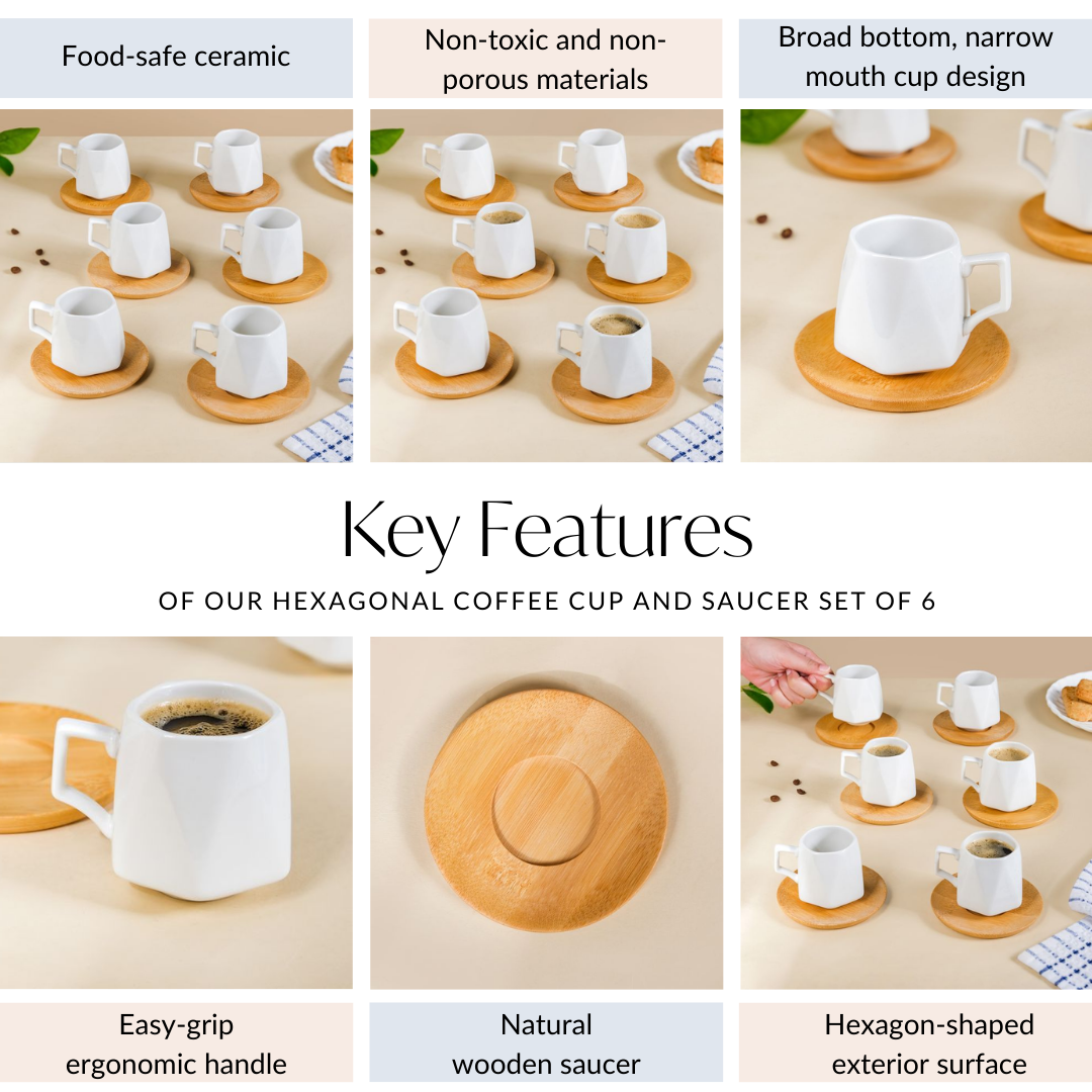 Hexagon Small Ceramic Cup And Saucer Set Of 6 100ml