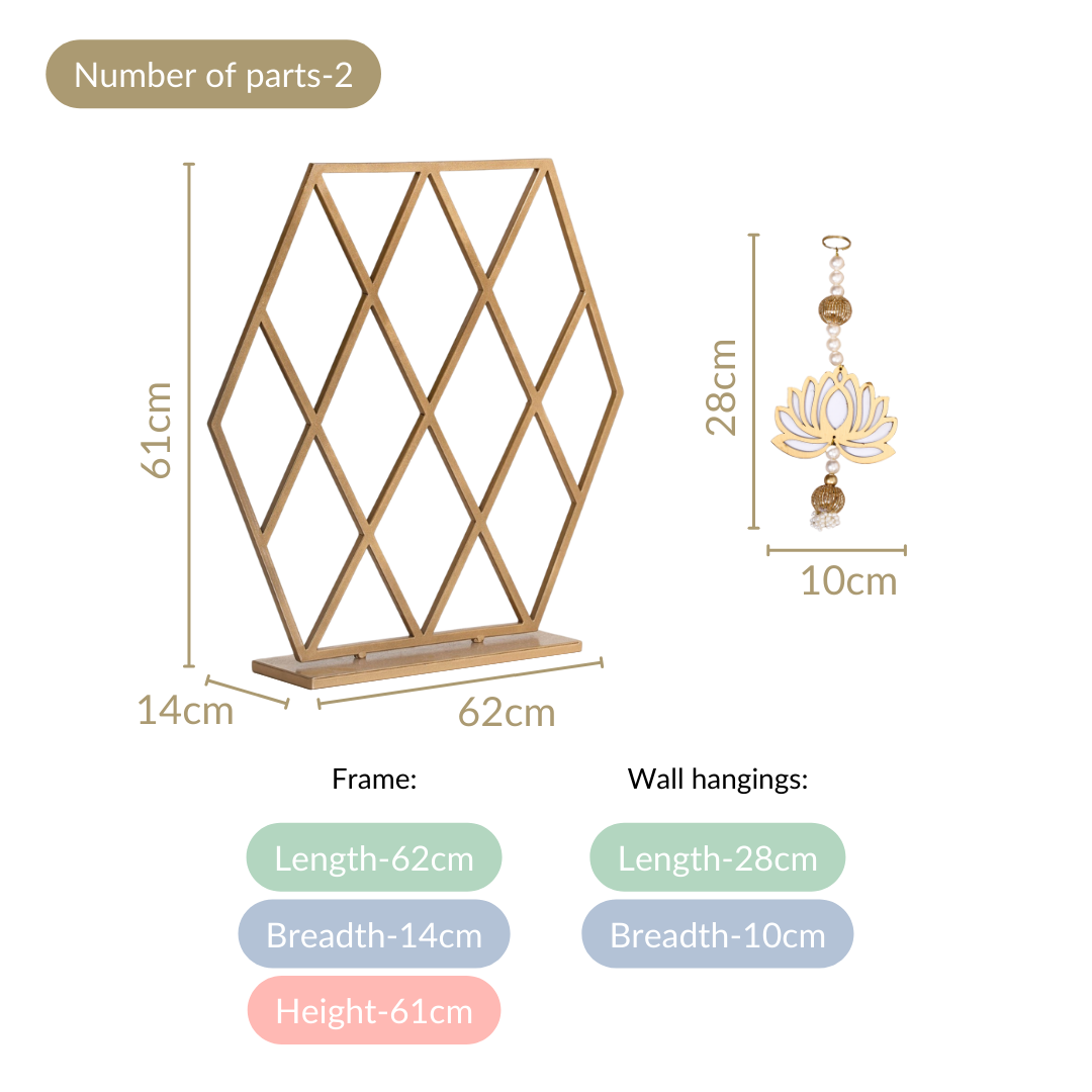 Hexagonal Puja Backdrop Metal Frame With Lotus Hangings 24 Inch