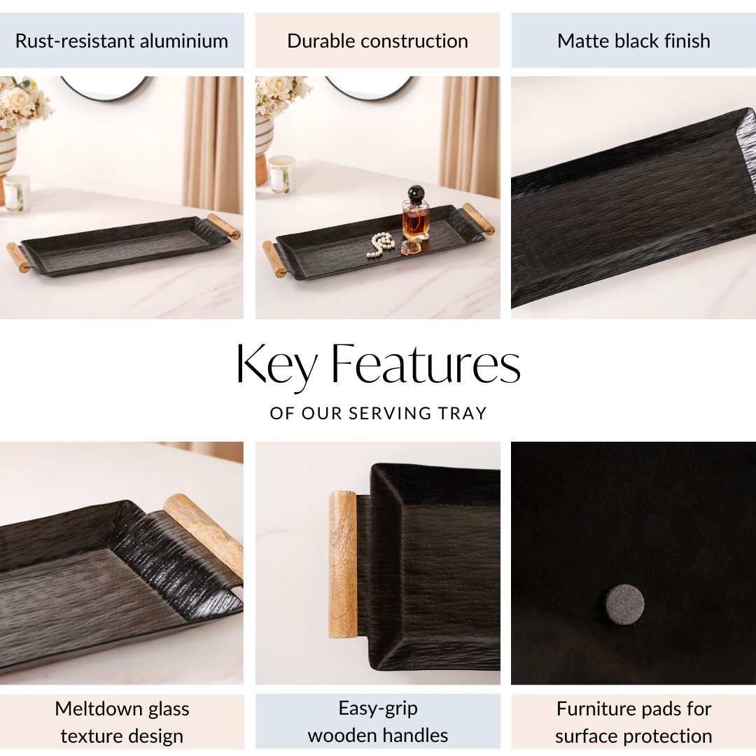 Matte Black Rectangle Metal Tray With Wooden Handle 19x6 Inch