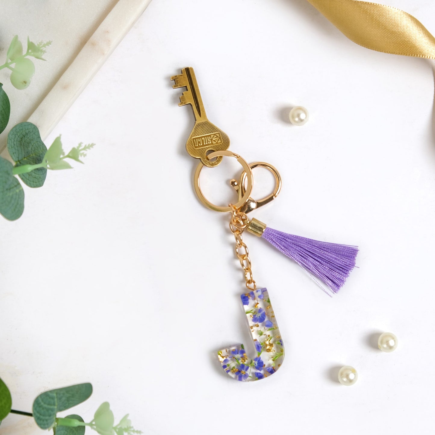 Botanical Harmony Letter J Resin Art Keychain