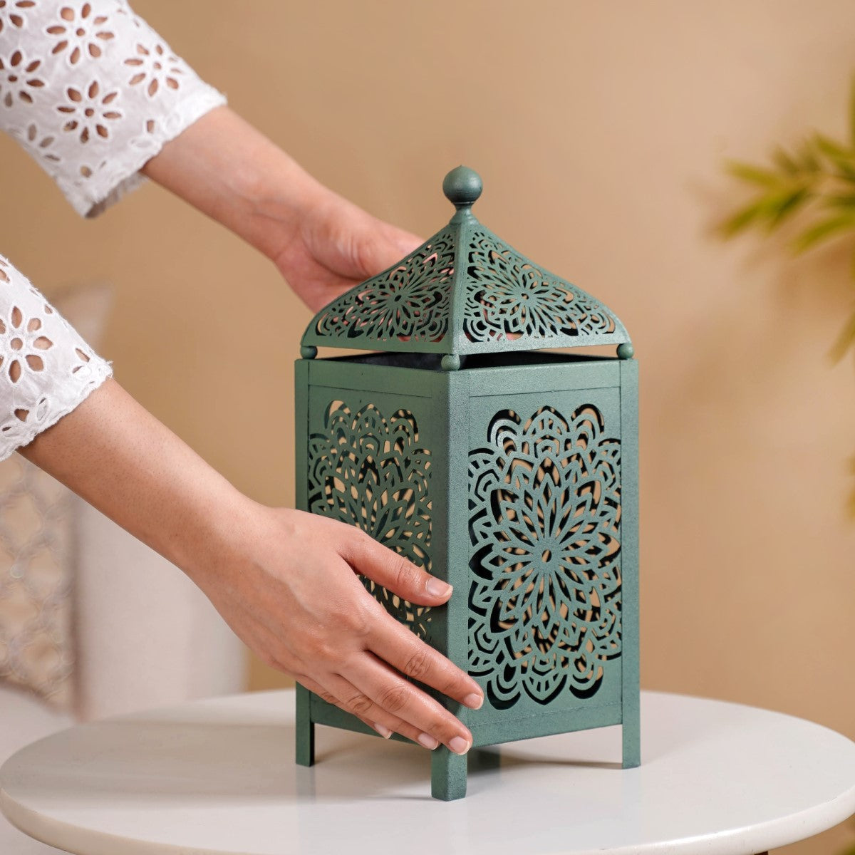 Moroccan Decorative Metal Lantern Sage Green