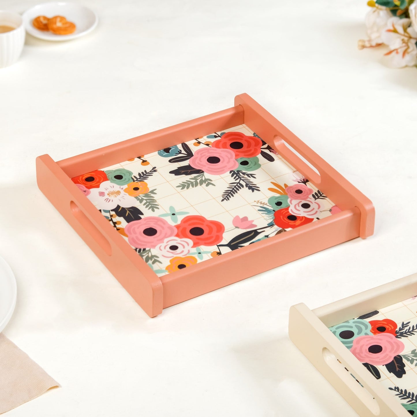Flower Bouquet Nested Wooden Tray Set Of 2