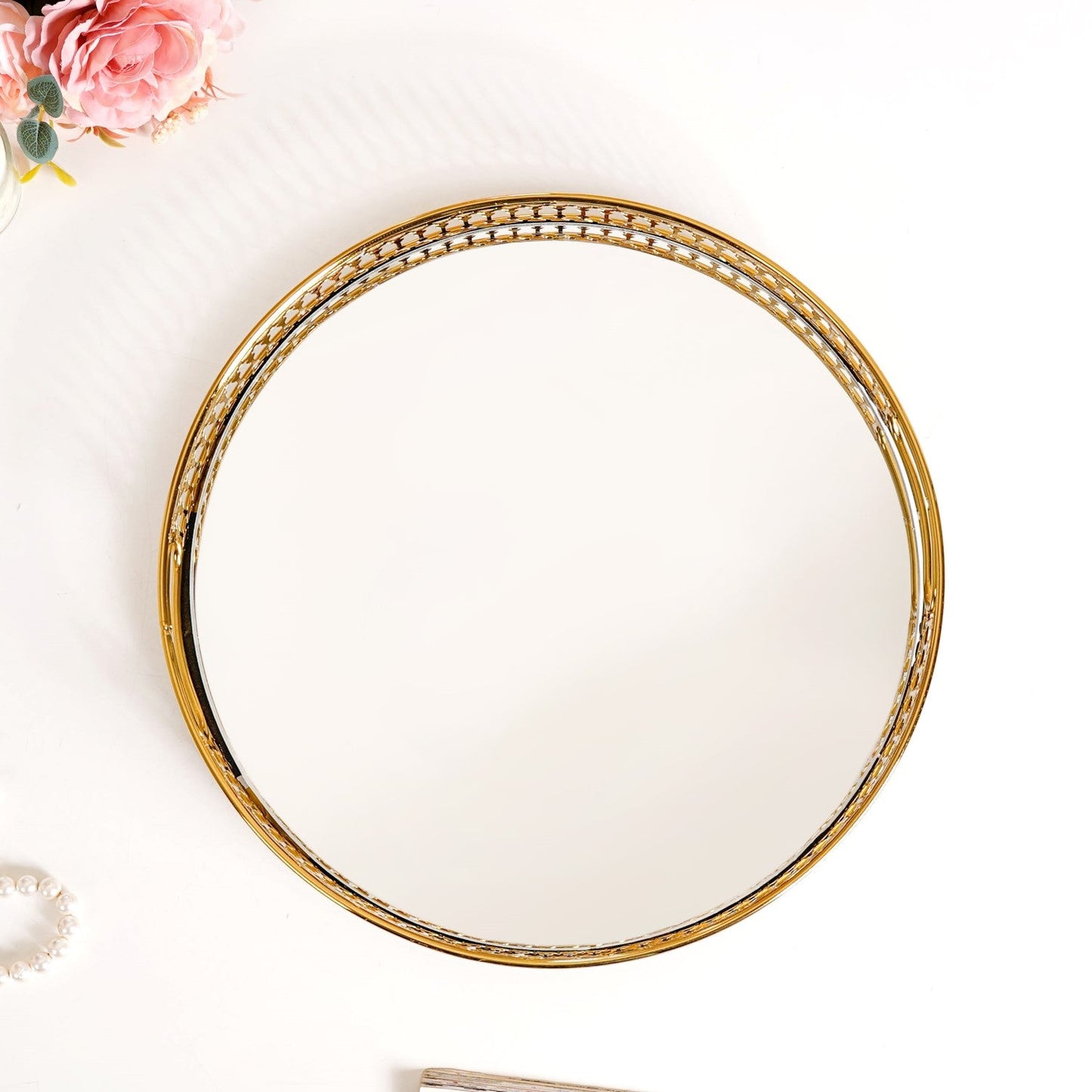 Gold Round Metal Mirror Tray For Decor