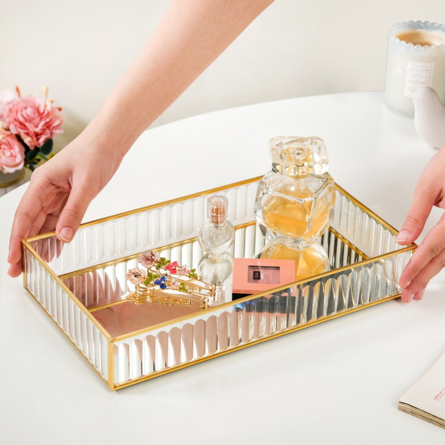 Fluted Mirror Glass Vanity Tray Large