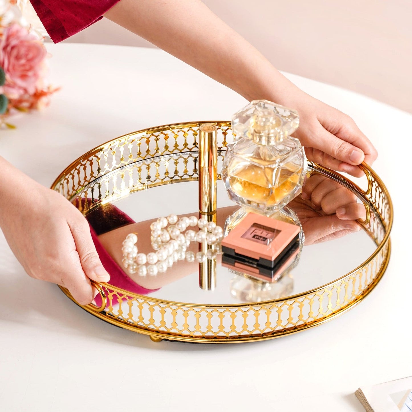Gold Round Metal Mirror Tray For Decor