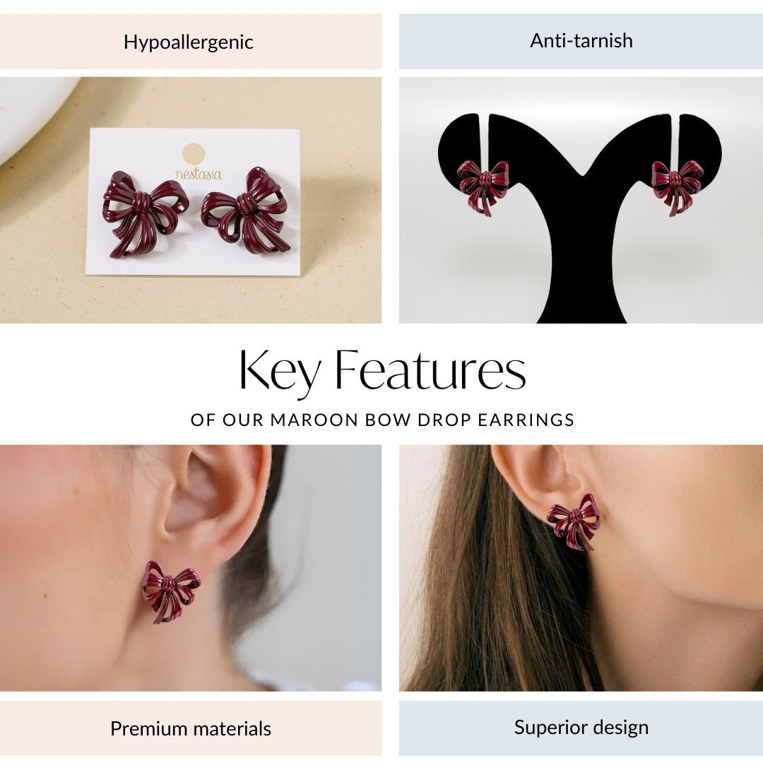 Maroon Bow Drop Earrings