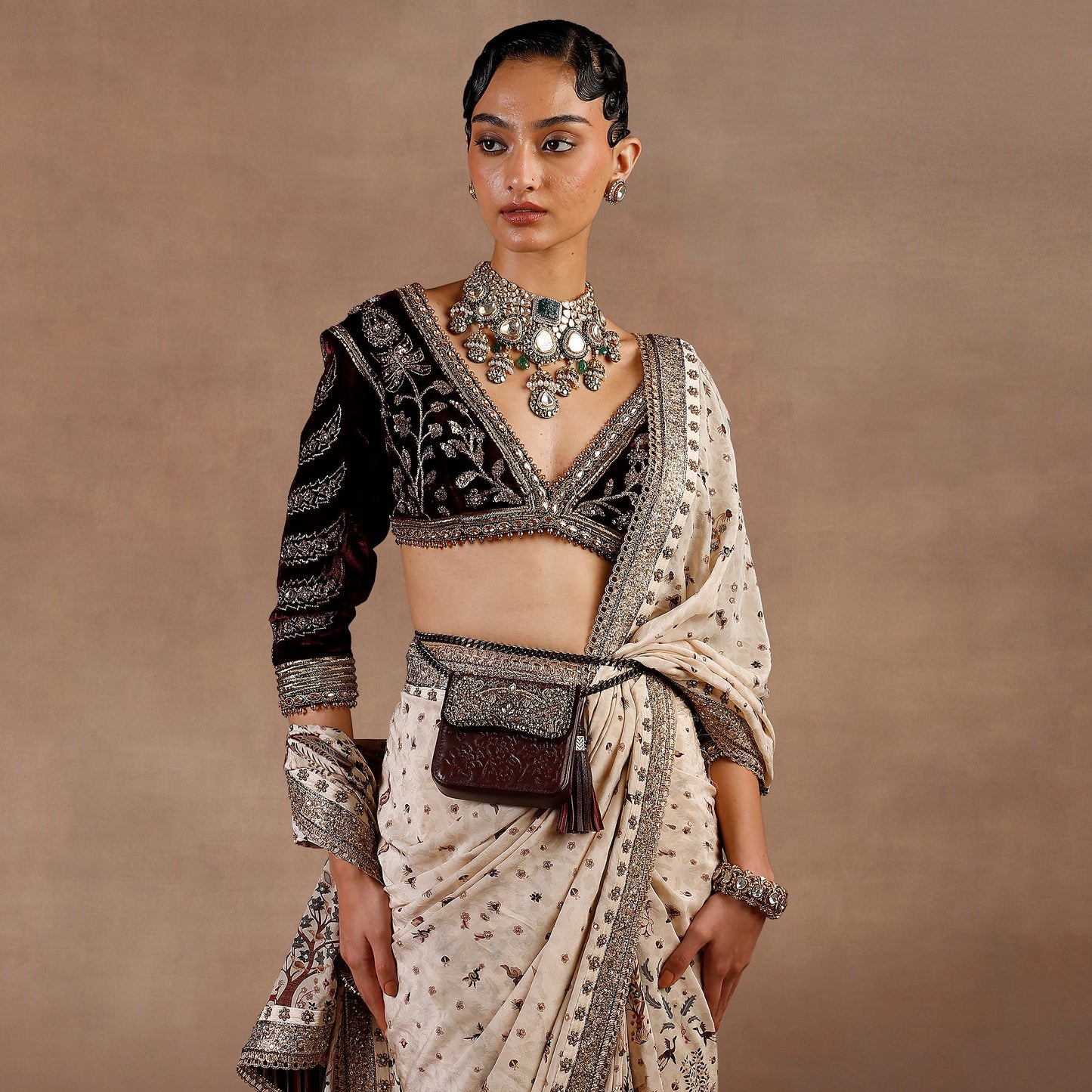 Almond Ivory - Burgundy Saree Set | EAST