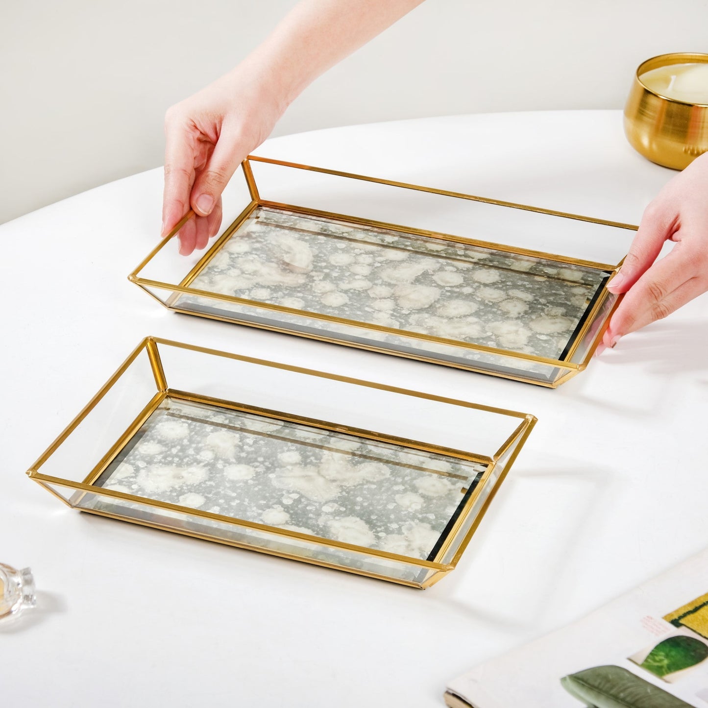 Abstract Design Printed Glass Vanity Tray Set Of 2