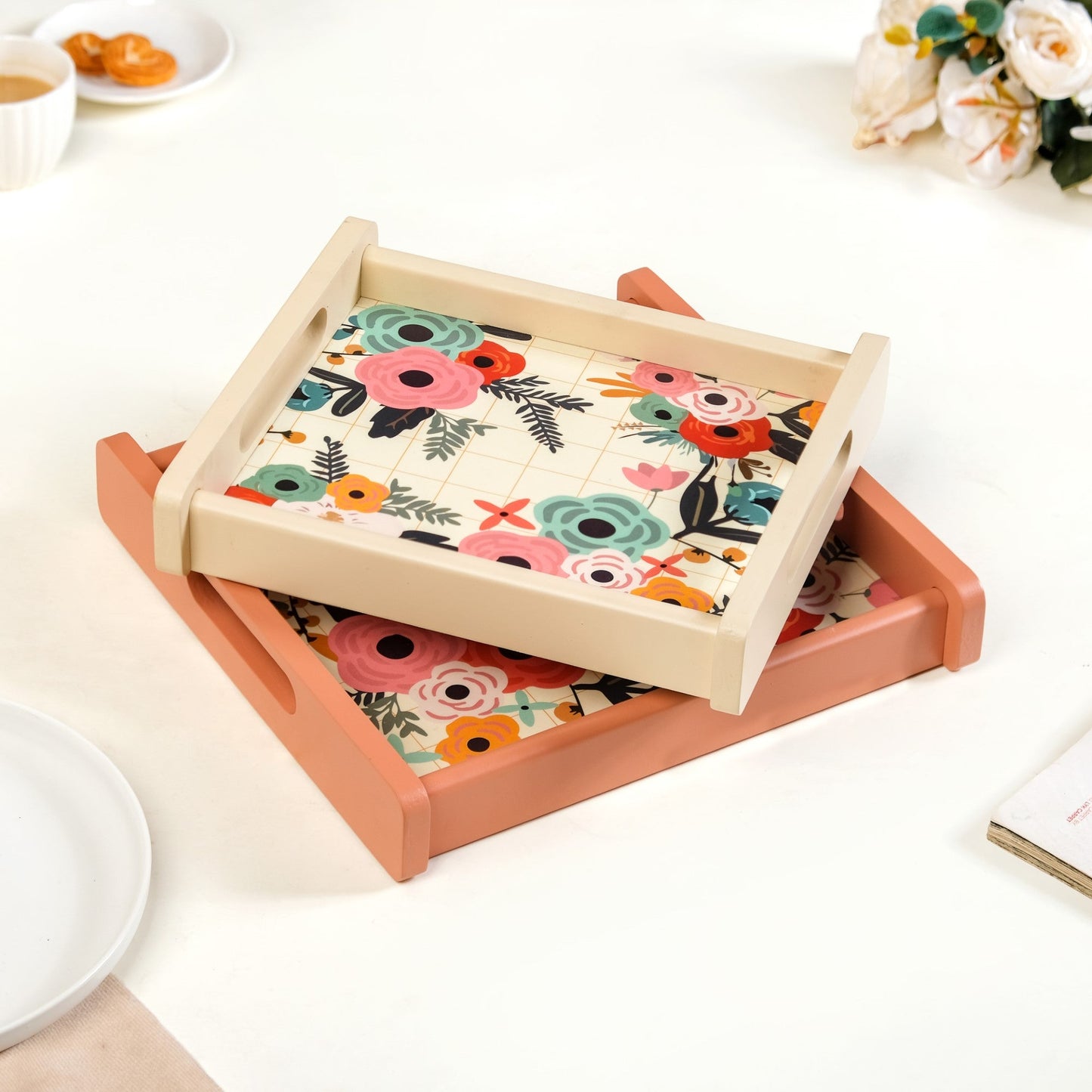 Flower Bouquet Nested Wooden Tray Set Of 2