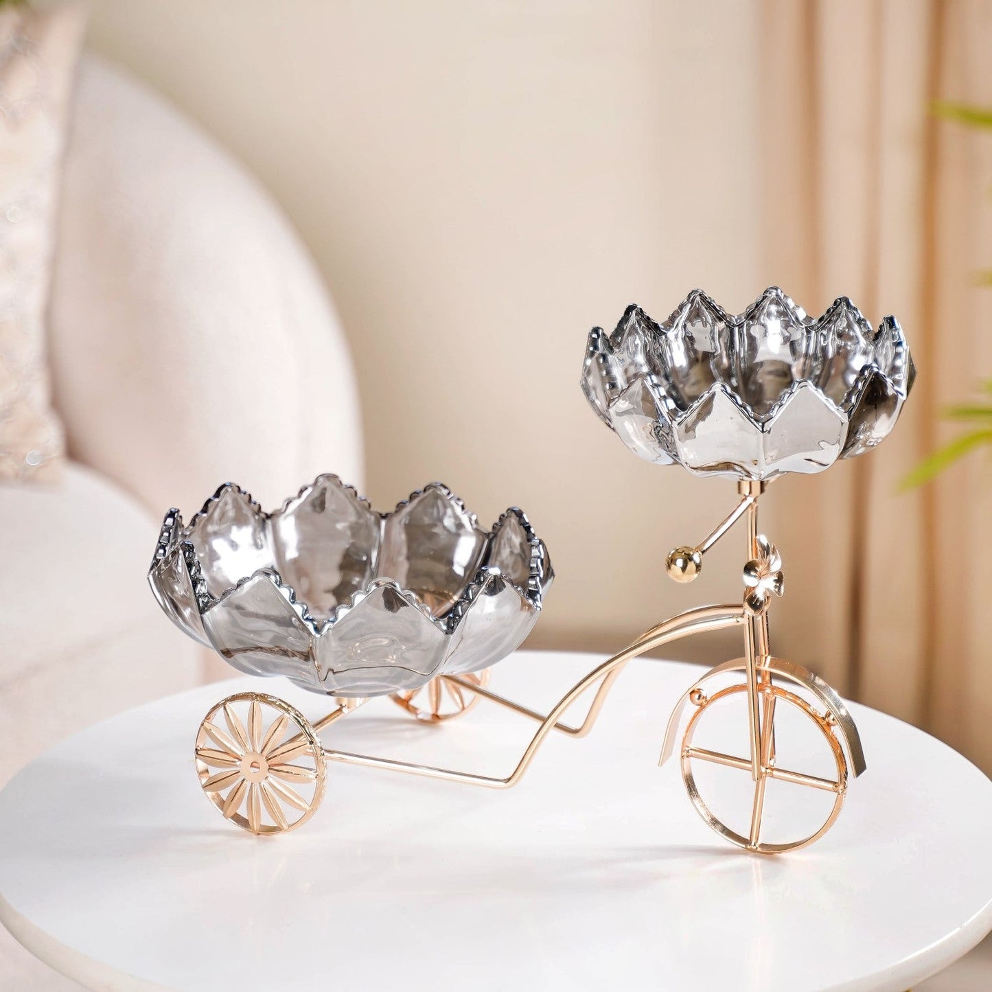 Metal Tricycle Stand With Decorative Glass Bowls
