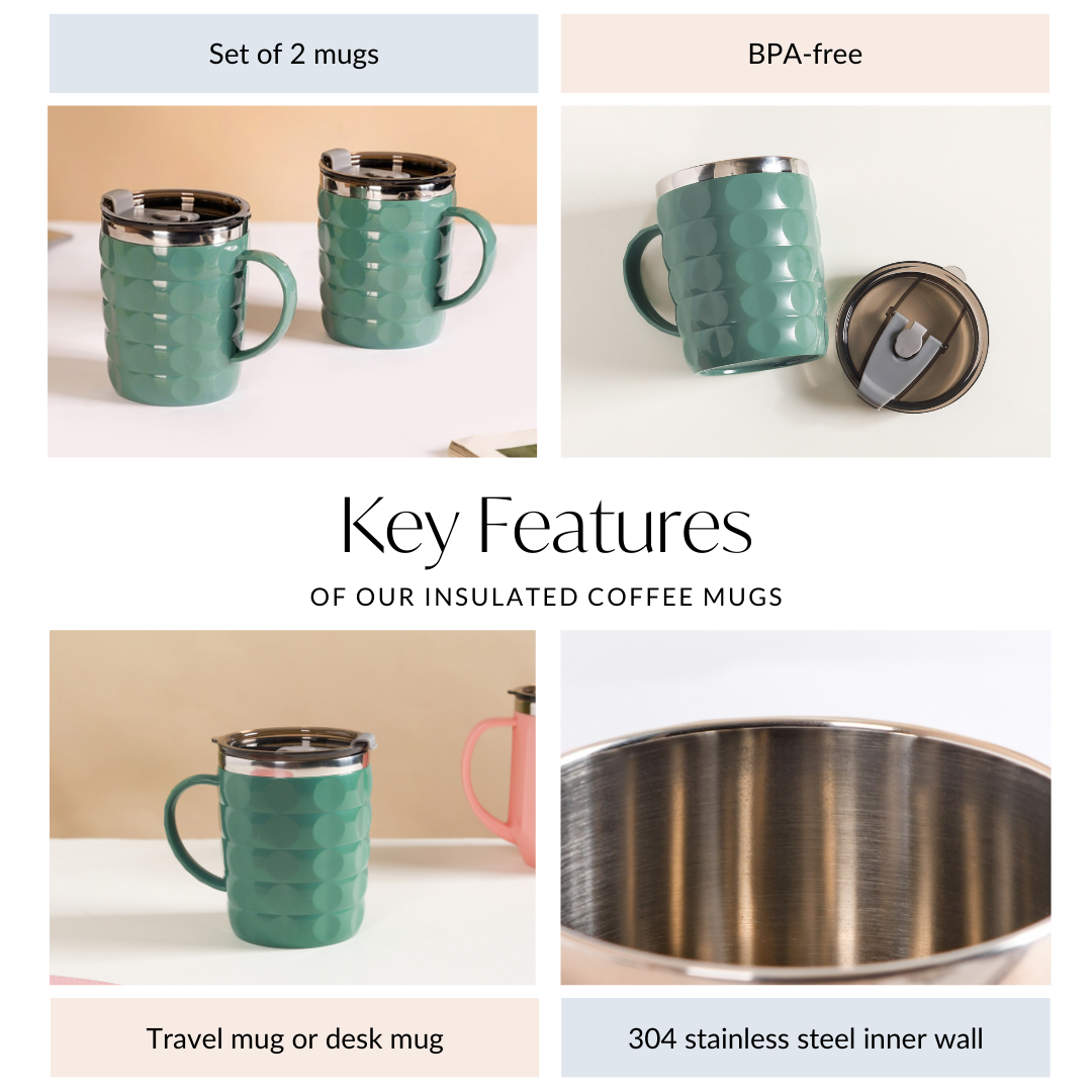 Coffee Mug With Lid Set Of 2 Green 400ml
