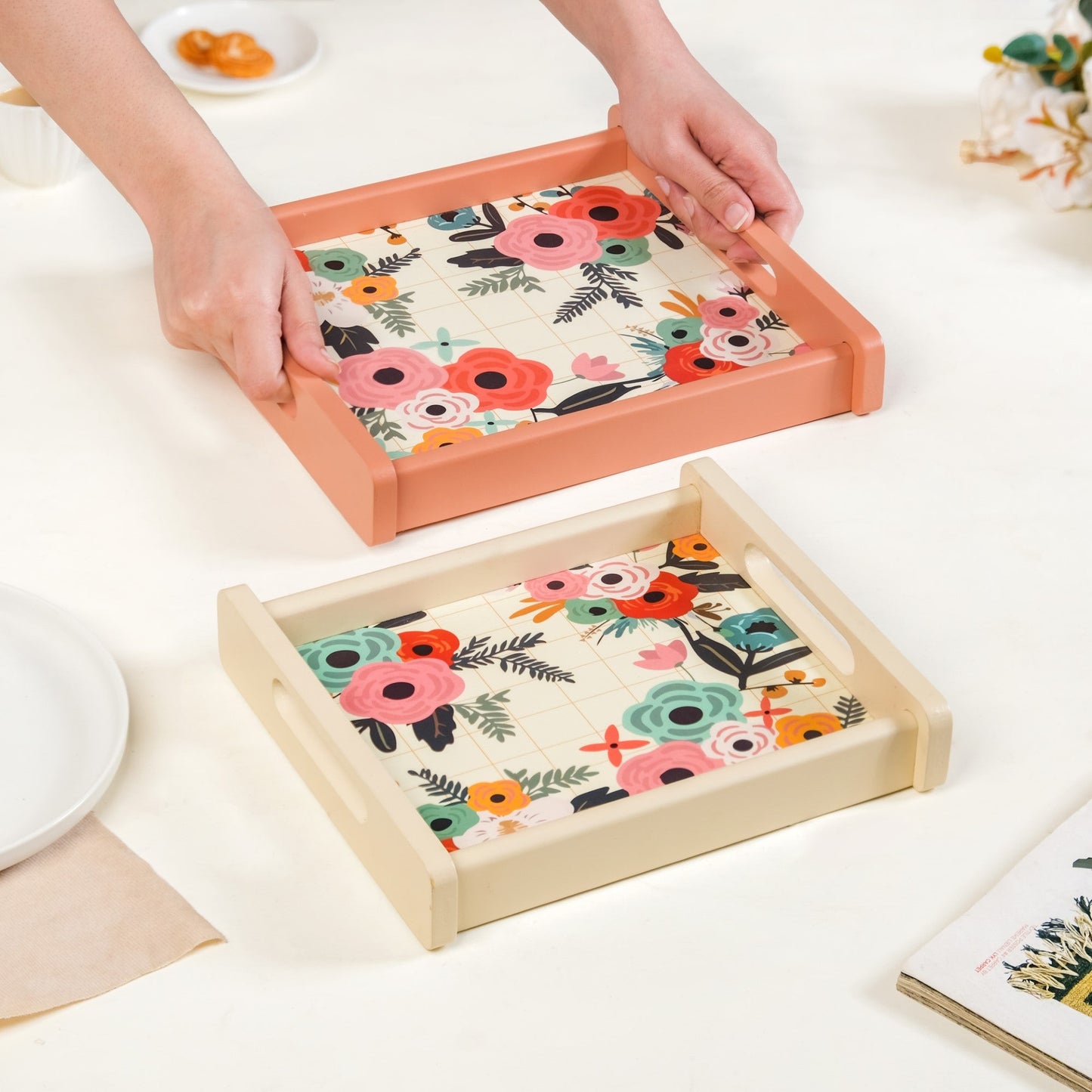 Flower Bouquet Nested Wooden Tray Set Of 2