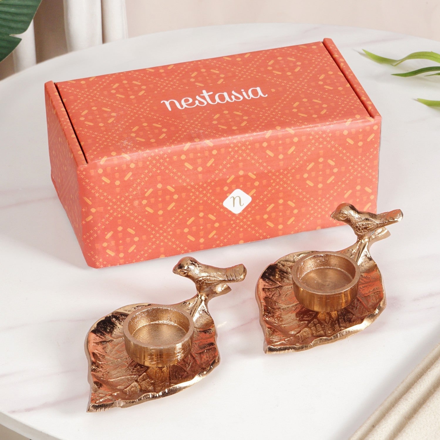 NestGlow Bird Leaf Tealight Candle Holder Set Of 2 Rose Gold