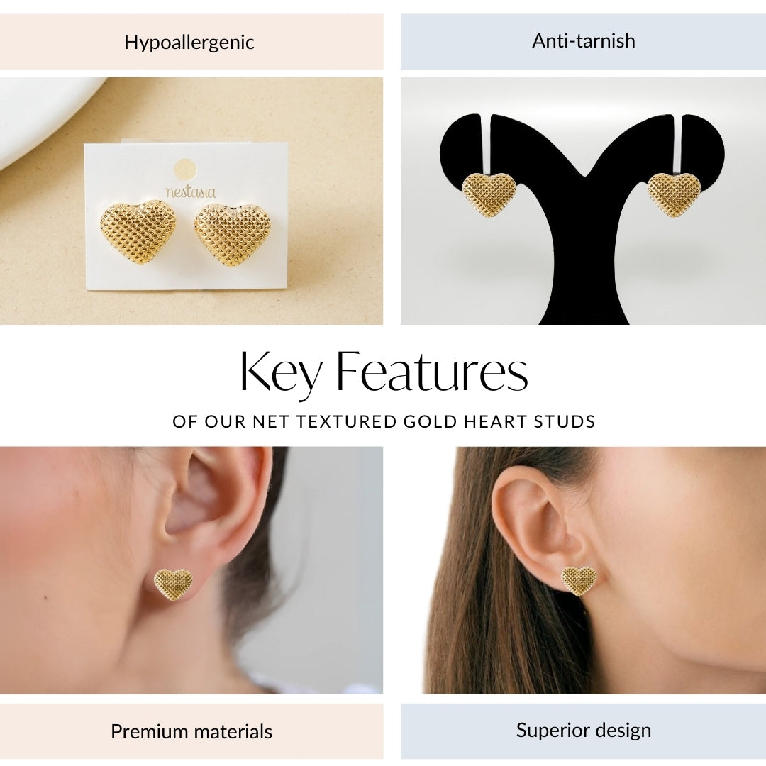 Net Textured Gold Heart Studs